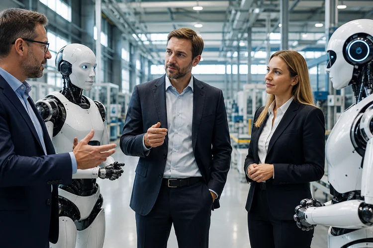 2 Männer, 1 Frau und 2 Roboter sprechen miteinander